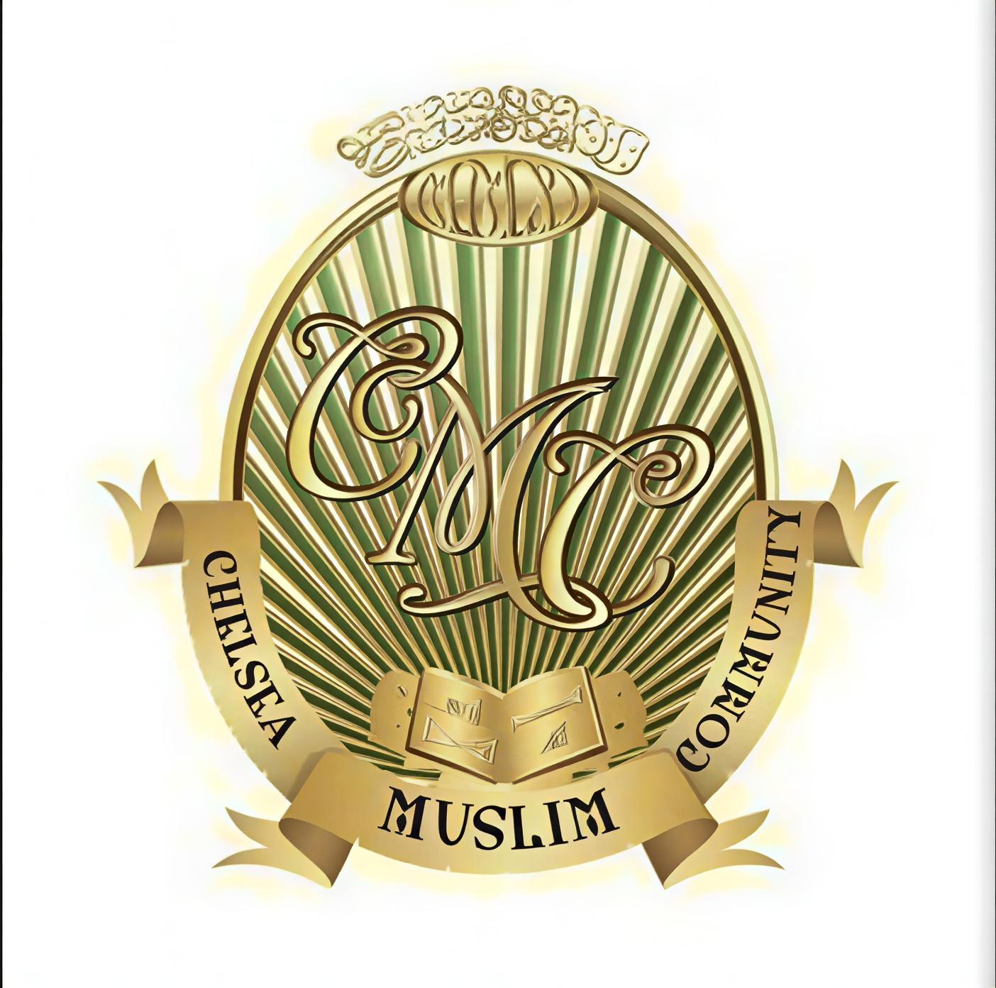 Chelsea Muslim Community heraldic crest — a deep emerald sunburst with gold ornamental border and CMC monogram